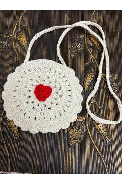 Meriç bebe Geantă cadou pentru fete cu motiv din dantelă tricotată manual cu curea de umăr inimă