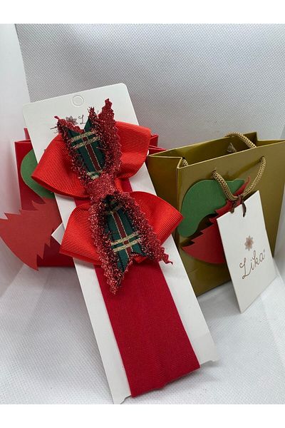 Lika 15 New Year Bow Bouquet Glitter Plaid Detailed Baby New Year Themed Bandana Red
