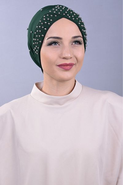 Melodi Scarf Women's Hijab Pearl and Stoned Pool Outer Cap Emerald Green