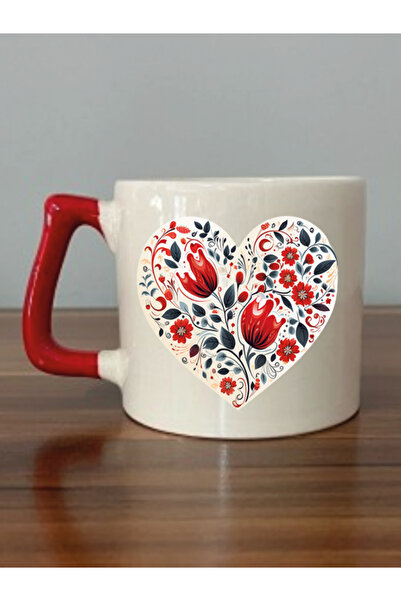 lili hediyelik كوب قلب سيراميك منقوش بالزهور الحمراء - كوب هدية للشاي والقهوة