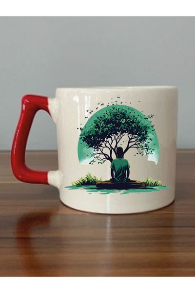 lili hediyelik Human Under Tree Mug with Red Handle - Ceramic Tea, Coffee Gift Cup