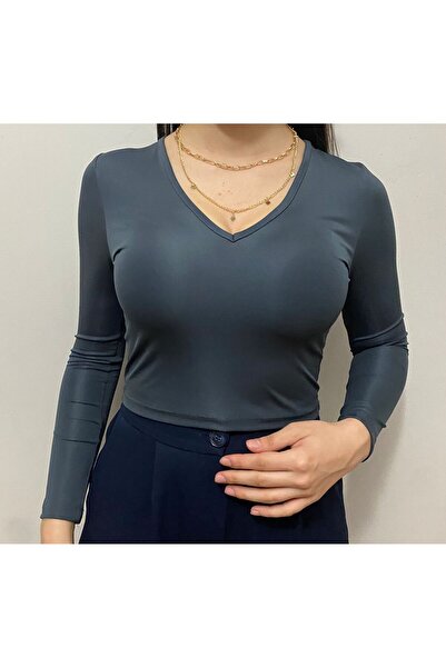 ALLEYTA Γυναικείο μακρύ μπλουζάκι με λαιμόκοψη σε σχήμα V