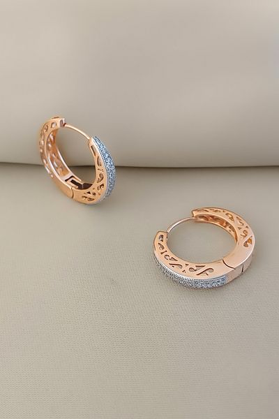 COSİTA Gold Rose Half Round Double Row Zircon Stone Row Clyced Hoop Earrings
