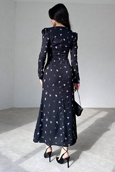 vuvutasarım Krep Kumaş Mor Çiçek Desenli Kare Yaka Uzun Kollu Midi Boy Siyah Çiçekli Elbise 208