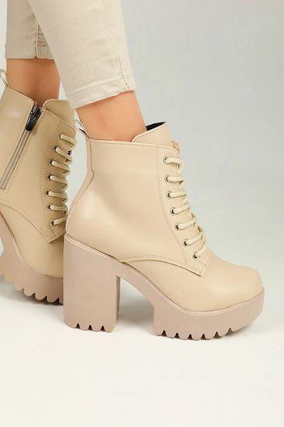 Anıl Ayakkabı Cizme casual pentru femei, cu fermoar, cu șireturi, cu toc cu platformă, culoare TEN BEIGE