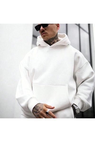 BEETON Απλό λευκό χρώμα Basic με κουκούλα Unisex Oversize φούτερ
