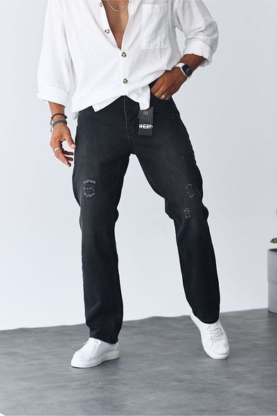 MADZEYMODA Ανδρικό μαύρο τζιν με φαρδύ σχέδιο με σκισίματα
