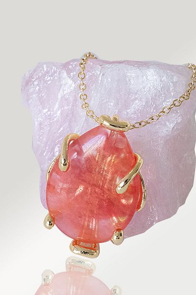 Tesbih Atölyesi Certified AAA+ Rose Quartz Stone Necklace with Drop Nails - Gold Color