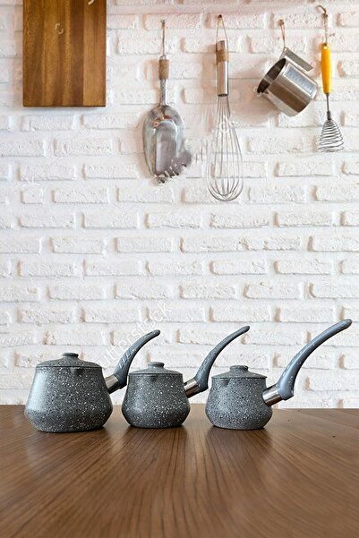 Genel Markalar Granit Kapaklı 3 Lü Cezve Seti Takımı Granit 3 Parça Gri