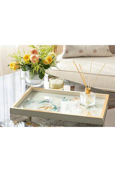 English Home Bamboo Cam Dekoratif Tepsi Krem-Altın