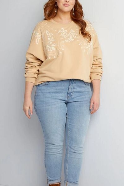 Yasem XXL Flower Embroidered Large Size Fleece Sweatshirt Comfortable Fit Oversize 100% Cotton