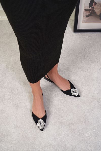 NİŞANTAŞI SHOES Lozano Black Kilim Stone Detail Dámská balerína balerína s elastickým zadním dílem