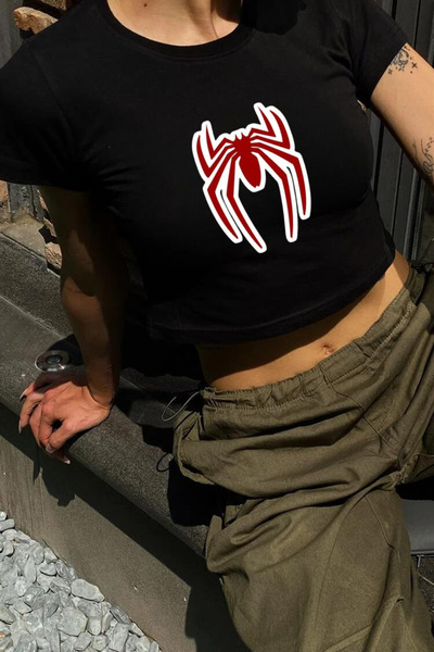 Violon Y2K ulični stil, crveni pauk, majica kratkih rukava sa printom Spider-...