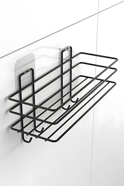 KARTEYA Set de 3 cu adeziv 4 cârlige Raft de baie din inox Negru mat Suport pentru șampon pentru baie Cabină de duș Umeraș pentru duș