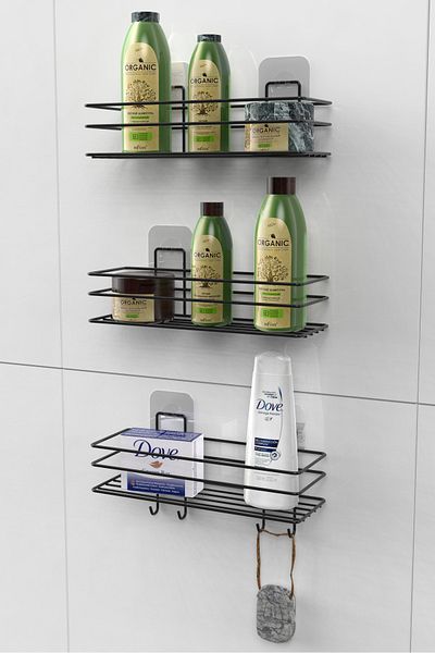 KARTEYA Set of 3 Adhesive 4 Hooks Stainless Bathroom Shelf Matte Black Bathroom Shampoo Holder Shower Cabin Shower Hanger