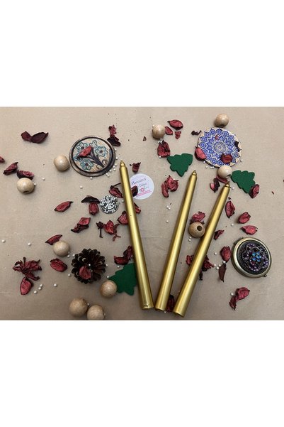 Verda Desing 🥇Dekoratif Metalik Altın Gold Şamdan Mumu 3 lü Set