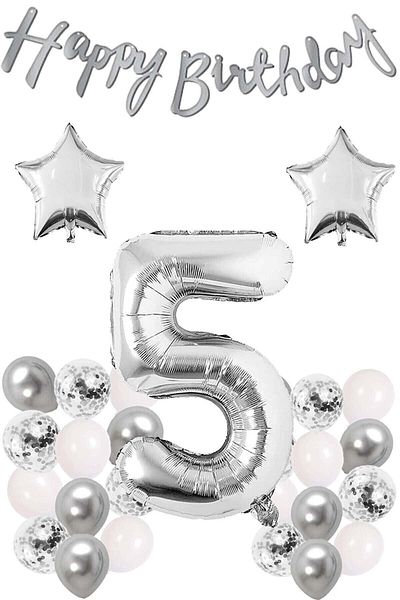 Bkmc Silver Concept Birthday Celebration Set White Silver Confetti Balloon Number Star Foil And Banner