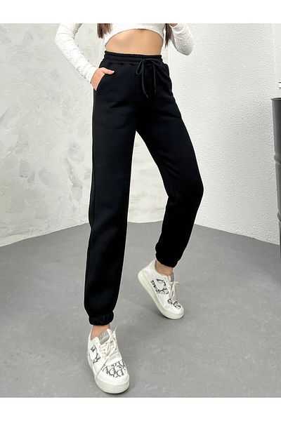Ozy Fashion Μαύρο Fleece Ψηλόμεσο Ελαστικό Jogger Sweatpants - Γυναικείο Βασικό Μοντέλο Χειμώνα