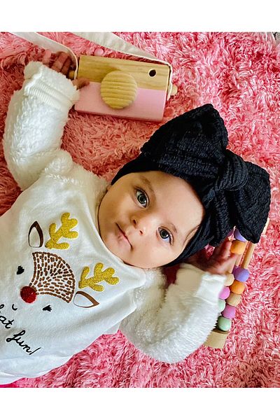 ALYA Black Stretch Fabric Double Bow Wrap Baby & Kids Bandana 0-6 Years
