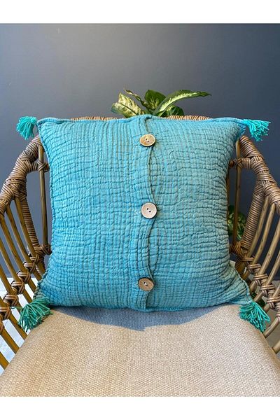 YASEMİNİNEVİ Muslin Turquoise Throw Pillow Cover (TWO PIECES)