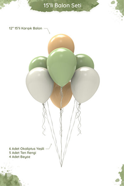 Hey Parti Okaliptus Temalı Balon Seti - 12" Pastel Okaliptus Yeşili, Ten ve B...