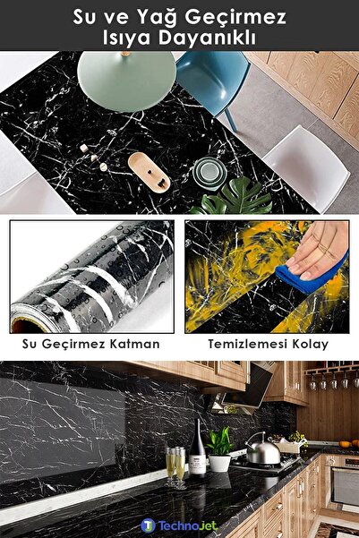 Technojet Kendinden Yapışkanlı Siyah Mermer Desen Mutfak Banyo Tezgah Duvar Masa Kaplama 60cmx100cm