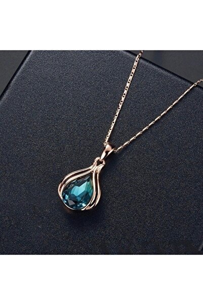 Takıtolia Elegant Elegant Water Drop Shiny Blue Crystal Jewelled Valentine's Gift Necklace Earring Set