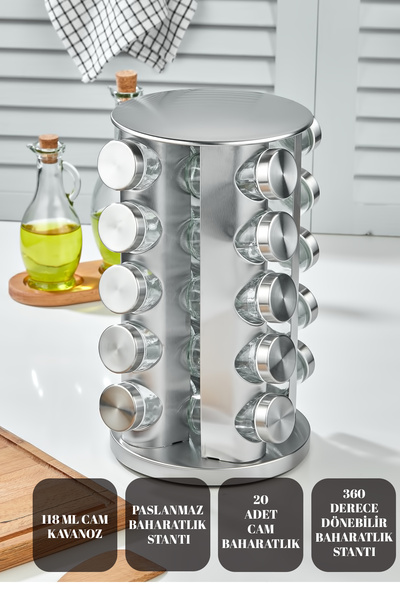 vipgross 360 Dönebilen Tezgah Üstü Paslanmaz Stantlı Cam Baharat Seti-20 Li Baharatlık-20'li Krom Yuvarlak