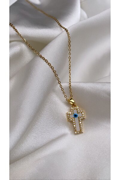 Accessories Gold Renk Beyaz Haçlı Çelik Kolye