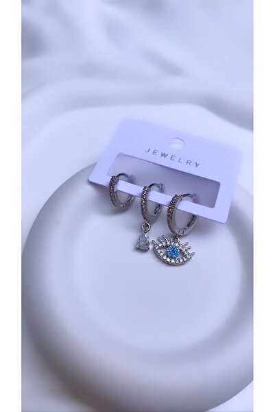 Accessories Gümüş Renk 3lü Set Gözlü Zirkon Küpe