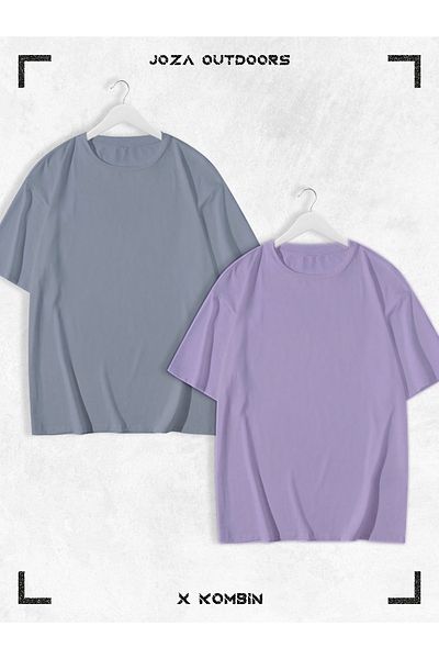 Joza Outdoors Γυναικεία Ανδρικά Unisex Lover Couple Συνδυασμός Βαμβακερό Oversize Πολύχρωμο καλοκαιρινό μπλουζάκι χωρίς στάμπα Σετ 2 τεμαχίων