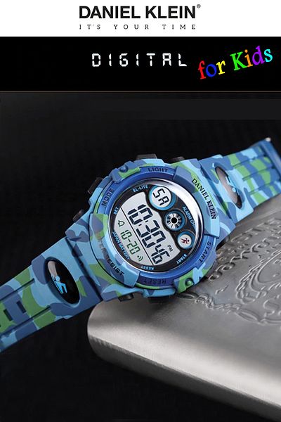 Daniel Klein Light Blue Camouflage Children's Wristwatch for Age 5-10 with 4 Different Luminous Dials, Alarms and Stopwatches