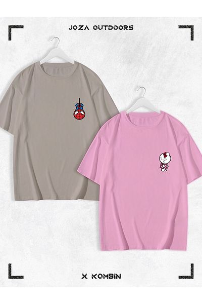 Joza Outdoors Γυναικεία Ανδρικά Unisex Hello Kitty Spiderman Lover Couple Combination Oversize Πολύχρωμο T-shirt σετ 2 τεμαχίων