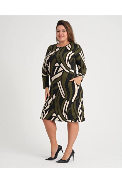 Butik Nilyam Women's Large Size Suede Midi Dress with Pocket Detail 22014 Khaki