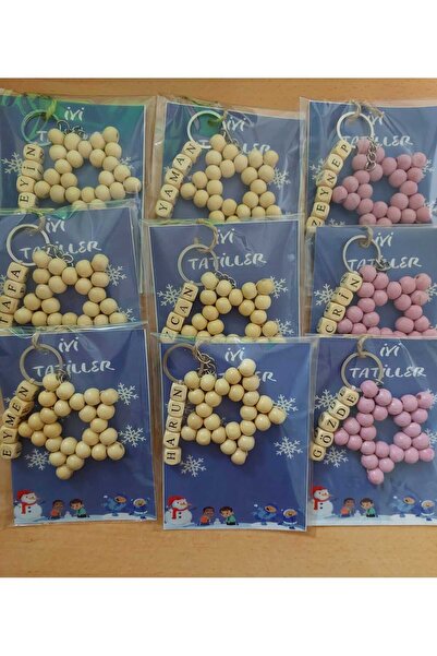 H&B Boutique 26 adet kişiye özel isimli ahşap boncuklu yıldız anahtarlık karn...