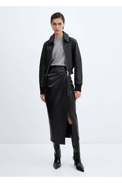 MANGO Woman Drape Leather Look Midi Skirt