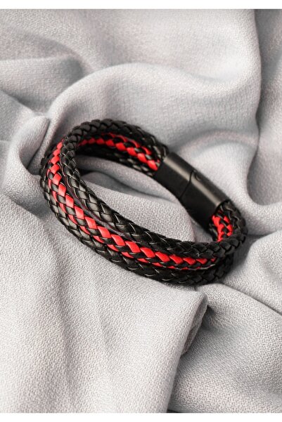 REGGENTE سوار جلد مضفر باللون الأسود والأحمر