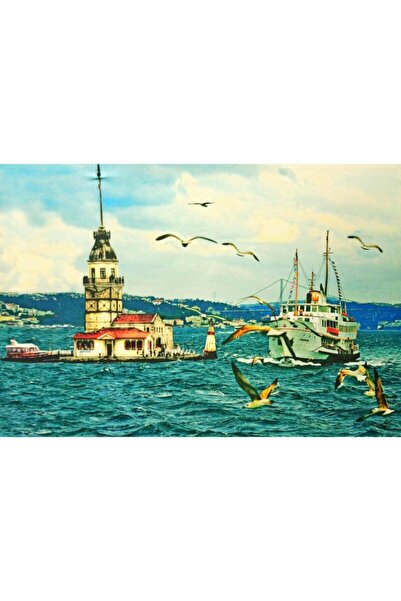 Haki Alışveriş Dünyası Kanvas Tablo Kız Kulesi 65x45 Ledli Dekoratif Işıklı G...