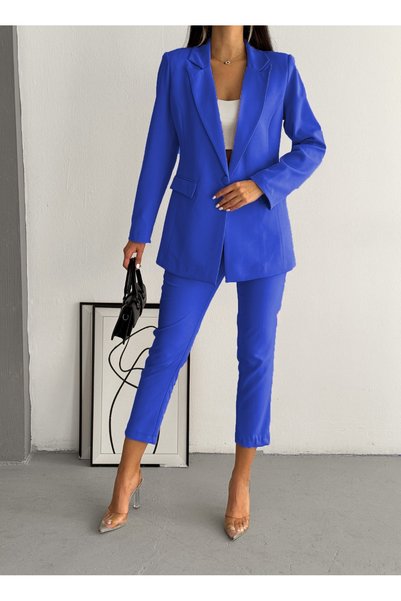 diaves Saks Mavi Tek Düğme Blazer Ceket Havuç Pantolon Takım Elbise