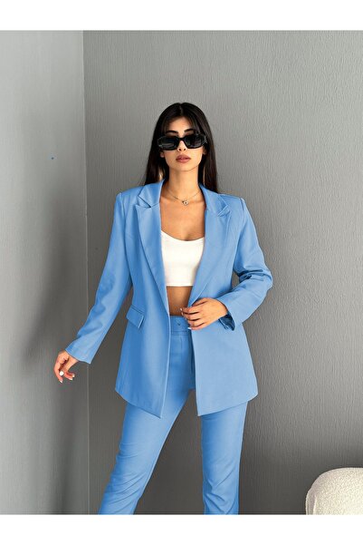 diaves Açık Mavi Tek Düğme Blazer Ceket Havuç Pantolon Takım Elbise
