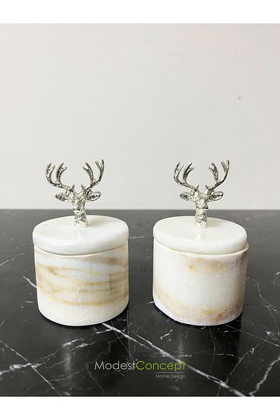 Modestmar Natural White Marble Spice Rack Set 2-Piece Marble Spice Rack with Lid and Silver Deer Object