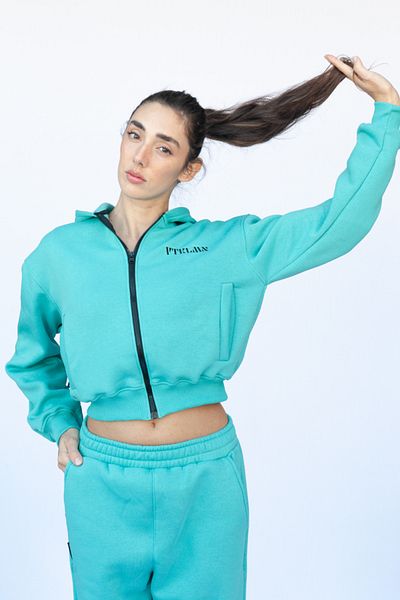 Vatkalimon Turquoise Zippered Hooded Crop Thick Fleece Inside Knitted Sweatshirt