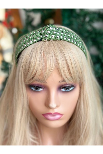 QUEEN AKSESUAR French model luxury trend design wide knot bright staple stone beaded crown women's crown green