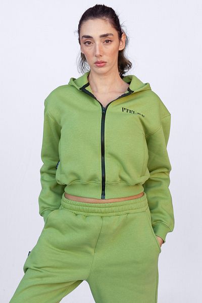 Vatkalimon Green Zippered Hooded Crop Thick Fleece Inside Knitted Sweatshirt
