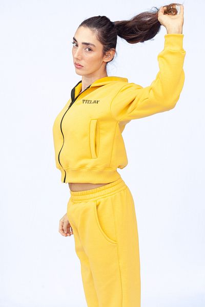 Vatkalimon Yellow Zippered Hooded Crop Thick Fleece Inside Knitted Sweatshirt