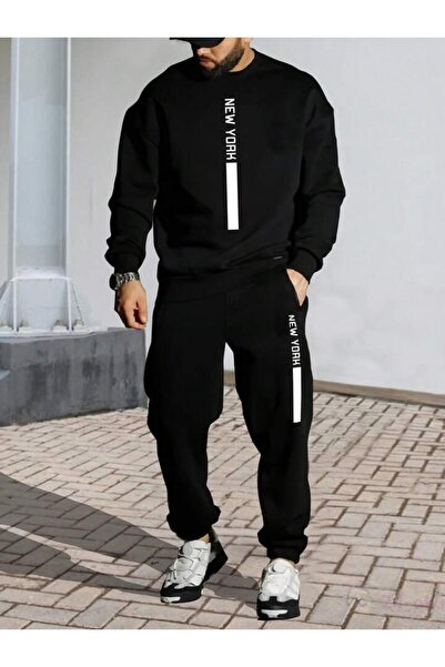 AEMİ Unisex Černá New York tepláková souprava s potiskem Crew Neck Oversize Bottom Top