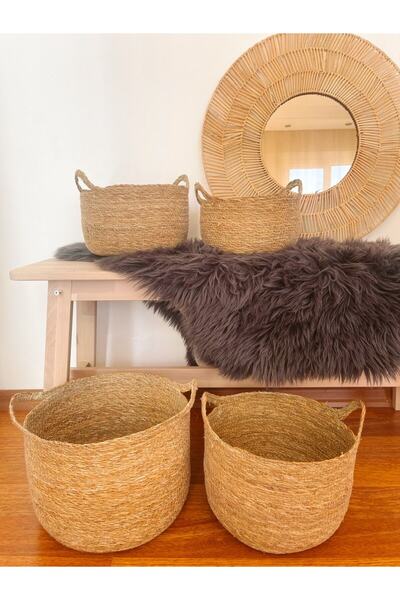KaiHome Ψάθινο καλάθι 4 τεμαχίων - Διακοσμητικό, Πολλαπλών χρήσεων, Γλάστρα κ...