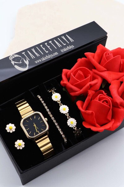 Northwatch Kişiye Özel Gold Kadın Saat, Papatya Bileklik Ve Kırmızı Gül Set