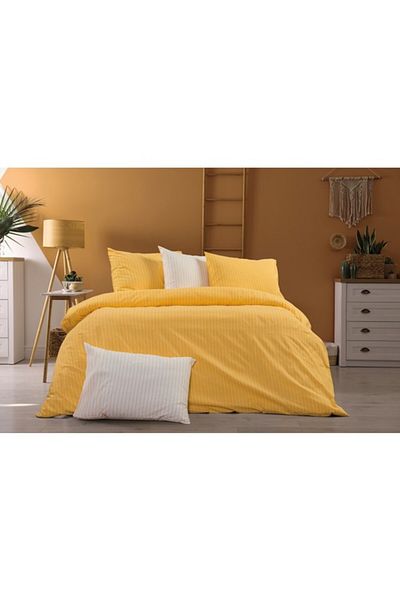 StellaFlavo Set lenjerie de pat organic vopsit cu fire dublu (cearșaf de pat cu elastic și 4 fețe de pernă)