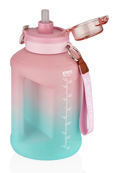 Vagonlife 1600 Ml Double Color Motivational Water Bottle with Straw and Carrying Strap and Handle with Sticker Gift